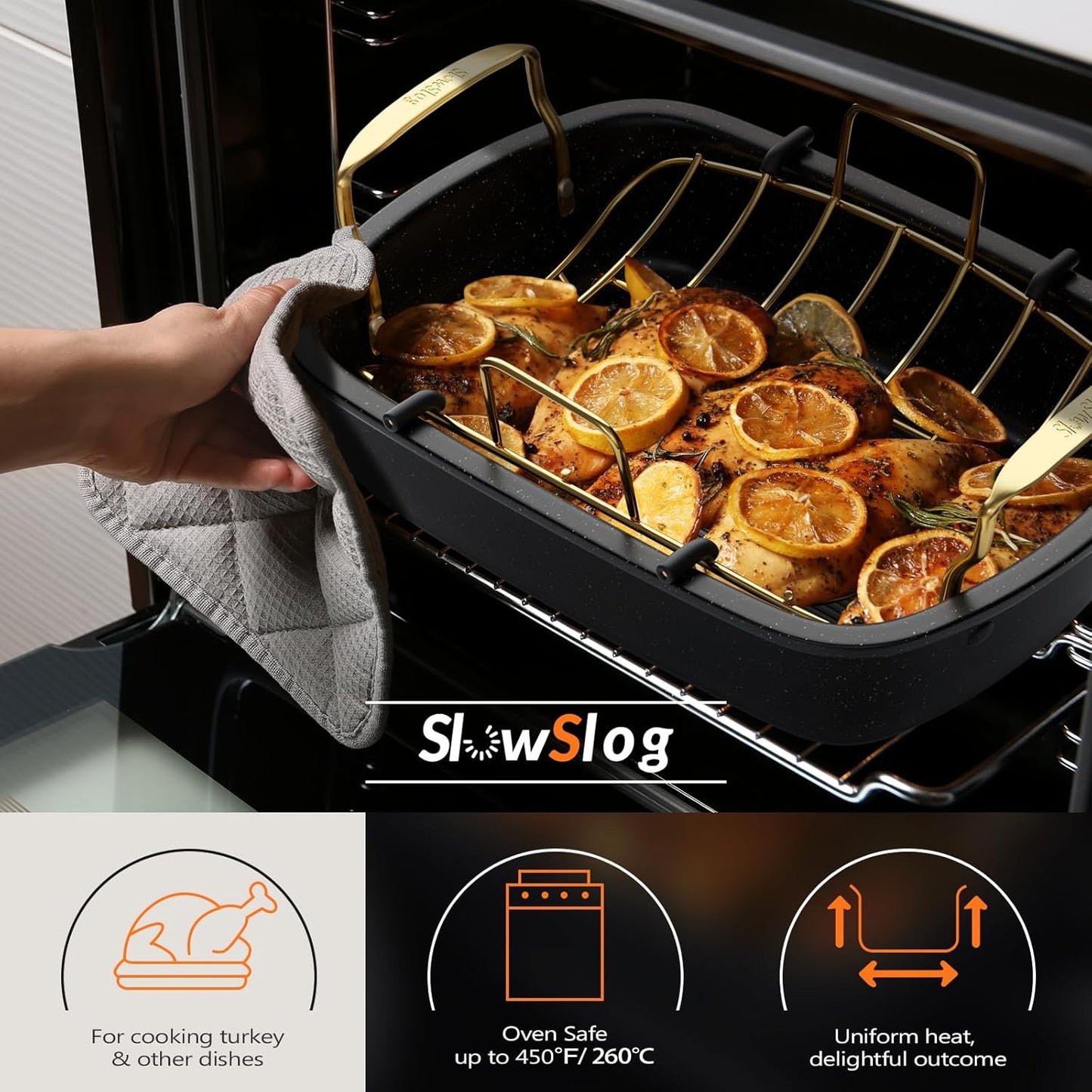 Roasting Pan - 17 Inch x 13 Inch Nonstick Roaster with Removable Rack for Turkey & Vegetables | Gold