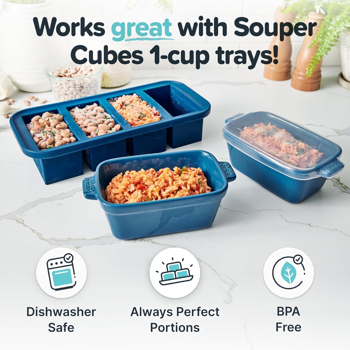Souper Cubes Stoneware - Small 5" x 3" Ceramic Baking Dish Set of 4 with Silicone Covers | Blueberry Color, Ideal for Reheating