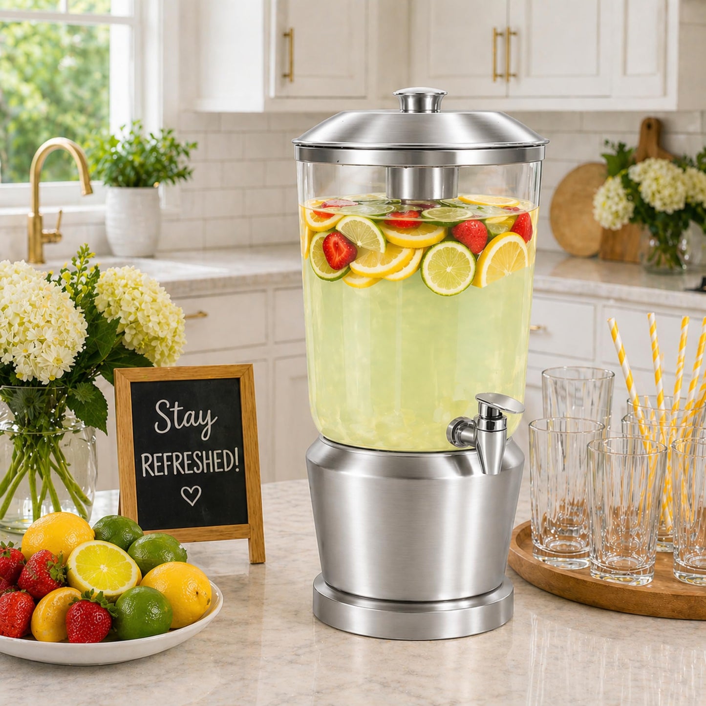 Drink Dispenser with Ice Chambers, Lemonade Tea Water Dispenser with Spigot, Stainless Steel Beverage Jar Jug, Perfect for Home Parties, Weddings, Gifts & Events (Silver, 3, Gallons)