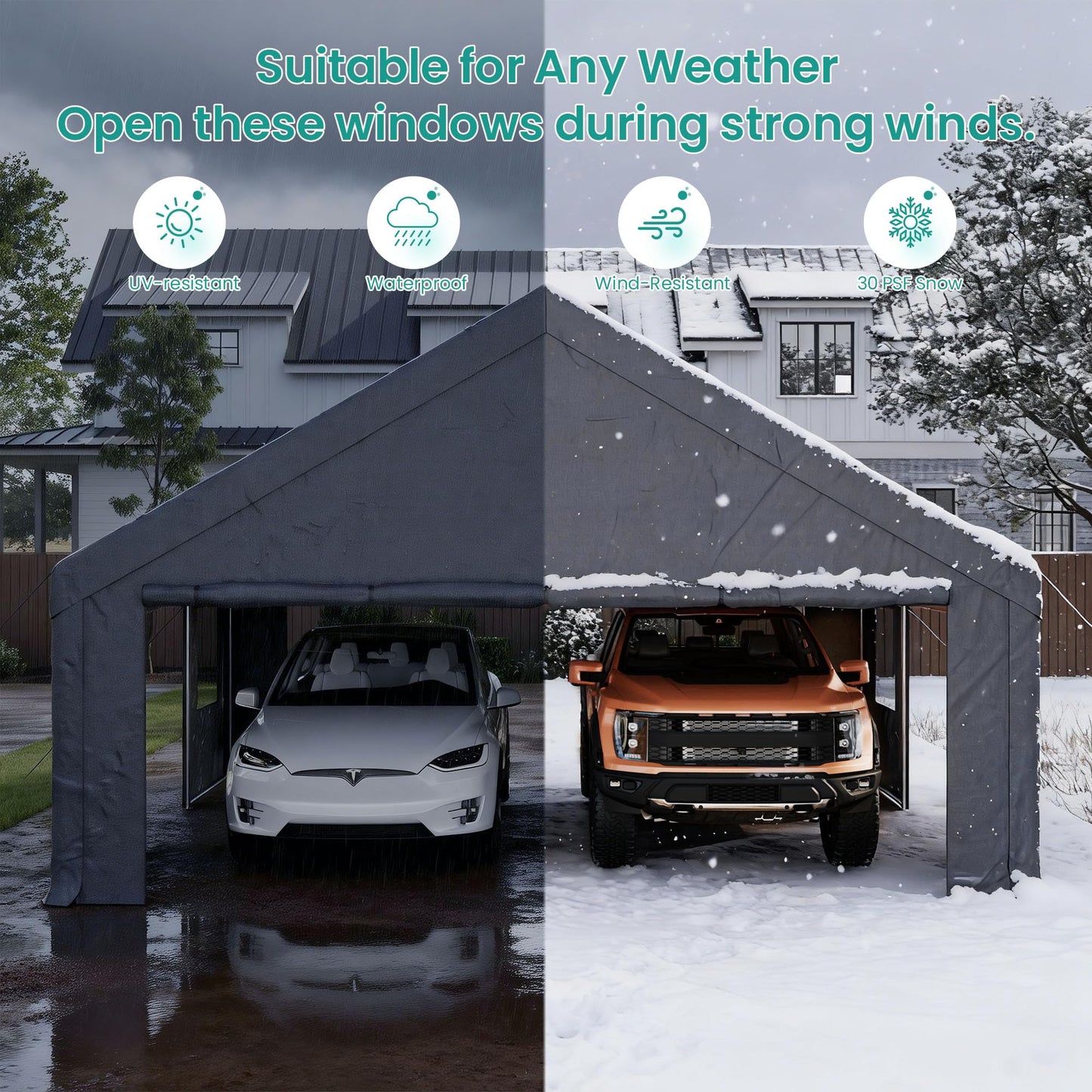 SUNBURY Heavy Duty 20x20ft Carport with Side Doors, Outdoor Storage Waterproof & UV-Resistant Garage Canopy, Portable Car Shelter for Cars, Trucks, Boats