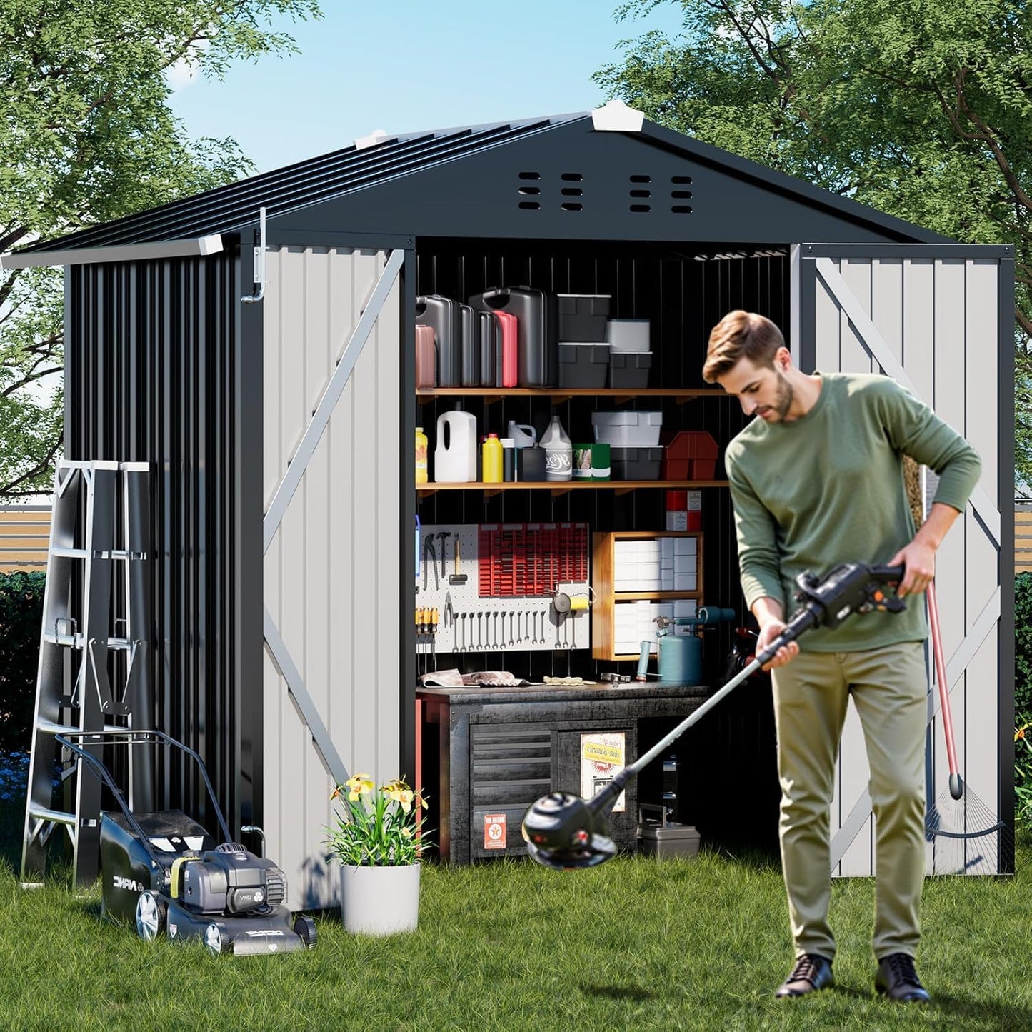 COMHOMA Shed Outdoor Storage Shed Metal,Lockable Doors Tool Sheds with Sloping Roof,Steel Garden Shed with Air Vent for Backyard,Patio,Lawn,Poolside(Grey,6'x4')