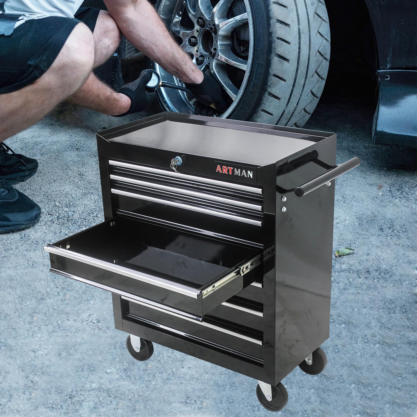 LKJYBG 7-Drawer Rolling Tool Cart Cabinet with Keyed Locking System High Capacity Tool Storage Cabinet Organizer with Wheels Black