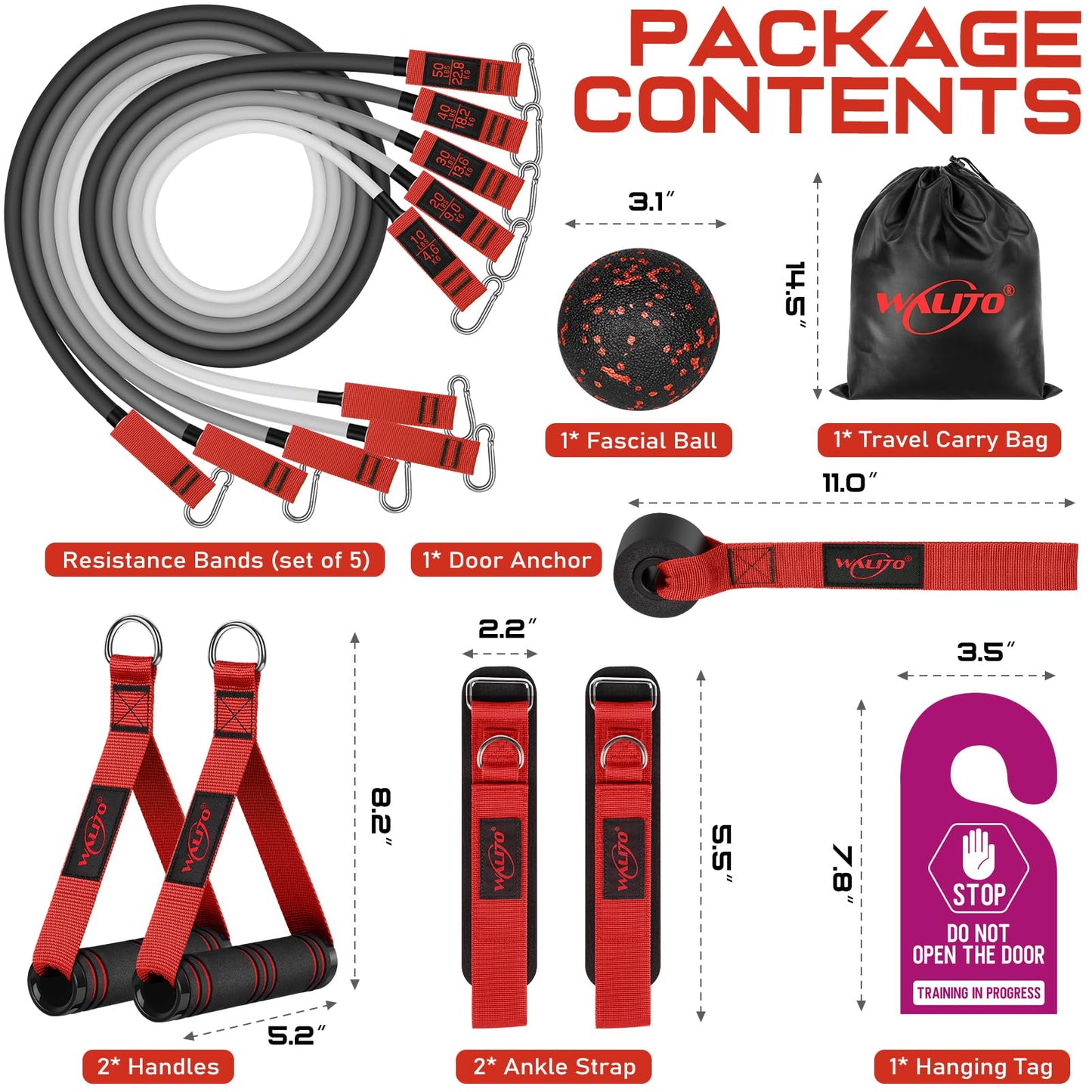 WALITO Resistance Bands Set - Exercise Bands with Handles, Door Anchor, Legs Ankle Straps, for Heavy Resistance Training, Physical Therapy, Muscle Training, Yoga, Home Workouts, Gym (Red 150Lbs)