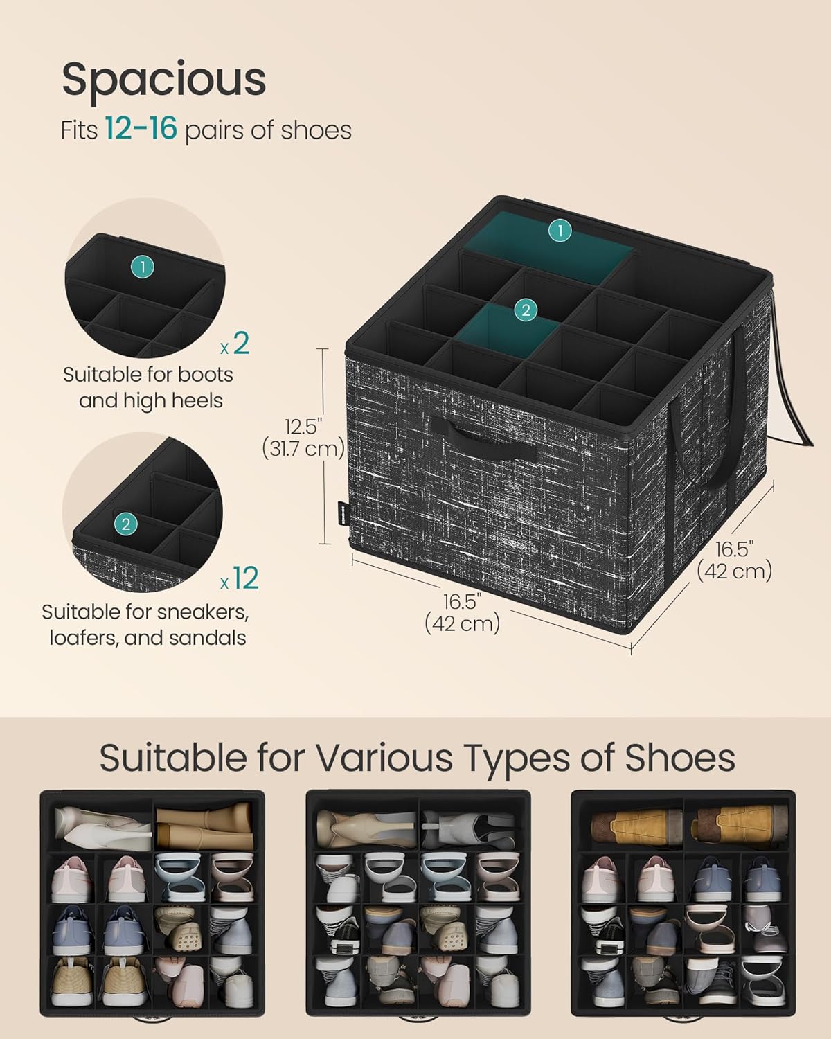 SONGMICS Shoe Organizer - Foldable Fabric Storage Bins with Clear Lid - Holds 32 Pairs, Ink Black, 16.5 x 16.5 x 12.5 Inches