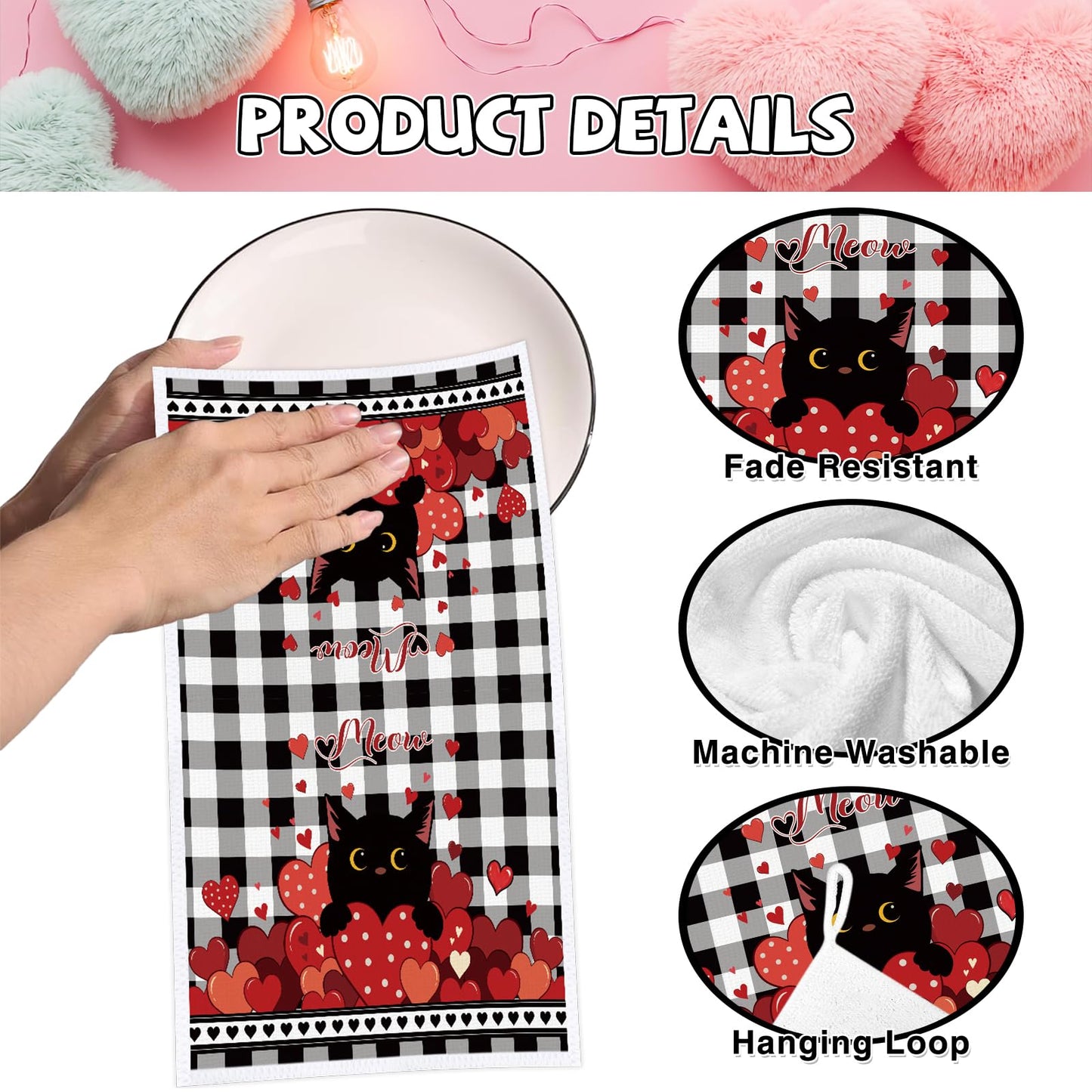 VISSTREE Valentines Day Kitchen Towels, 4 PCS Black Cat Red Heart Dish Towels, Absorbent Hello Love Dish Cloth Hand Towel for Kitchen Anniversary Wedding Valentines Decoration Housewarming Gifts