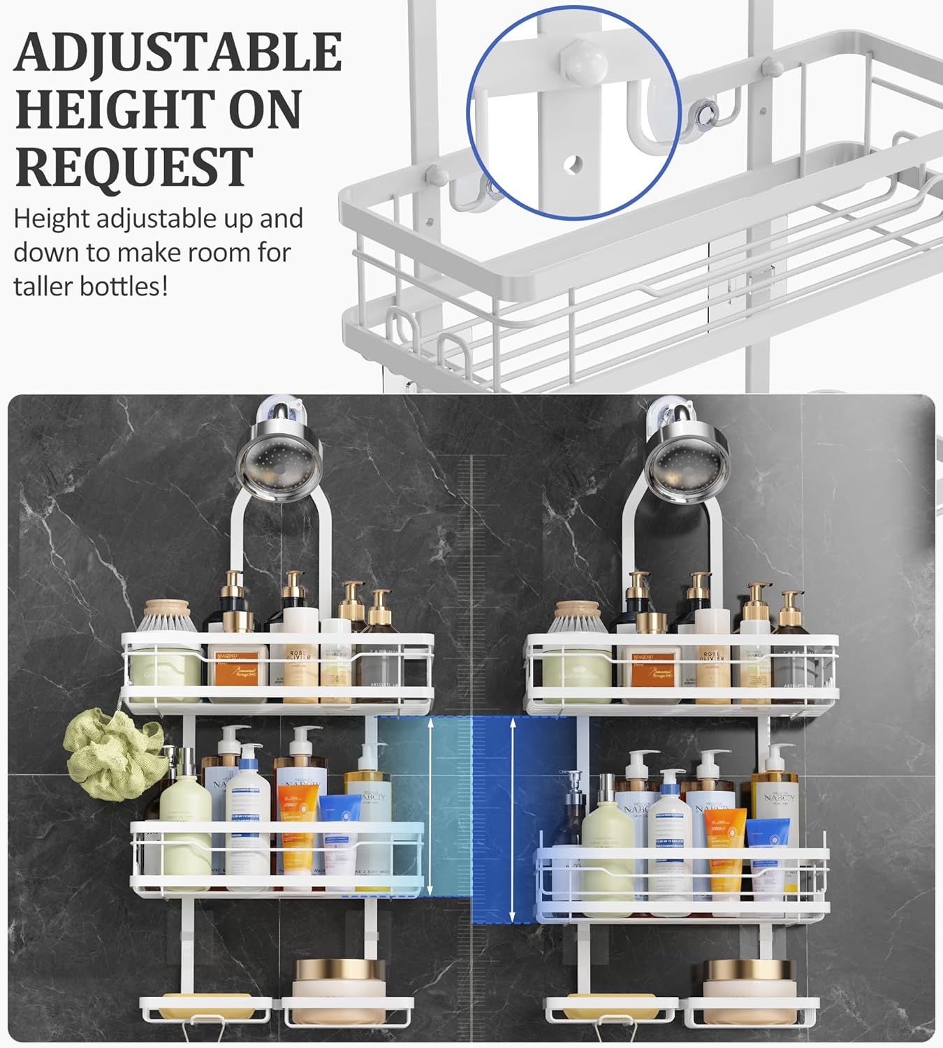OMAIRA Shower Caddy - Adjustable Stainless Steel Organizer with Soap Holder | Large Capacity, No Drilling, White