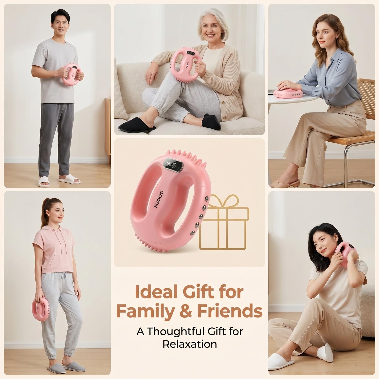 FUOOO 4-Head Fascia Ring Massager, Multifunctional Full-Body Deep Tissue Massage Gun, Hands-Free Ergonomic Electric Massager with Waist Belt, 3 Modes 9 Intensities Cordless Muscle Relief