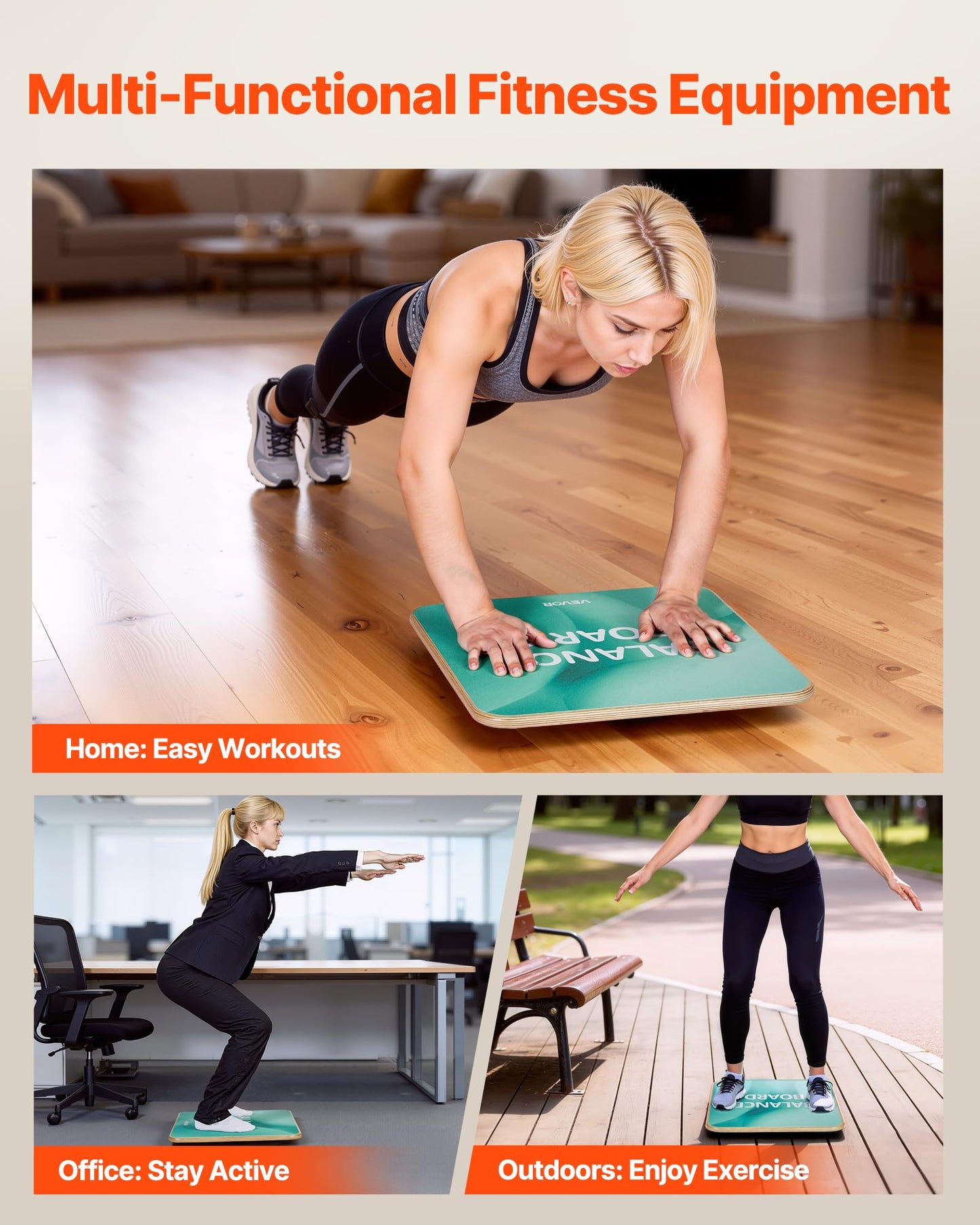 VEVOR Balance Board, 360° Rotating Wobble Board Trainer for Adults 3-Level Adjustable, Wooden Balance Training Equipment, Slip-Resistant Surface for Core Workout, Standing Desk Exercise, Home Gym