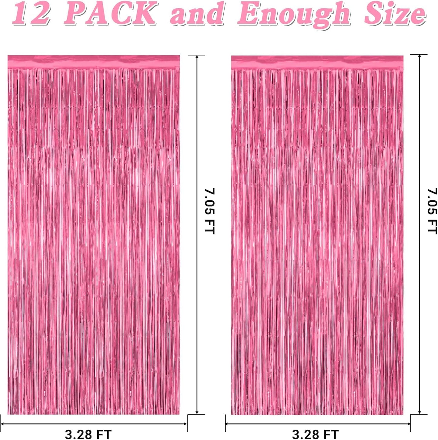 ZATAYE Pink Foil Fringe Curtains - 12 Pack Metallic Tinsel Backdrop for Birthday & Valentine's Day Decor | 3.28 FT x 7.05 FT