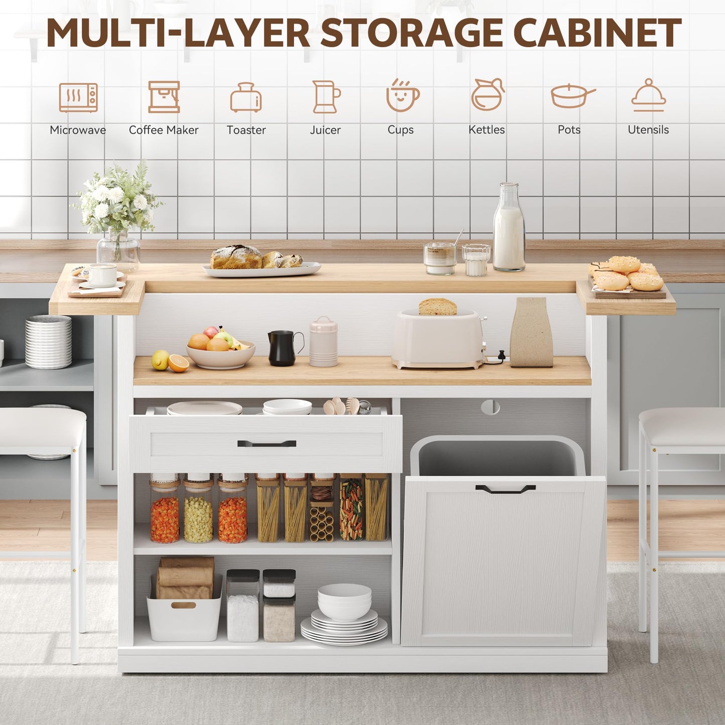 Homiflex Kitchen Island with Seating, Rolling Kitchen Islands with Storage, 55" W Large Island Table, Breakfast Bar Counter with Drop Leaf, Trash Can Cabinet, Power Outlet for Dining Room, White