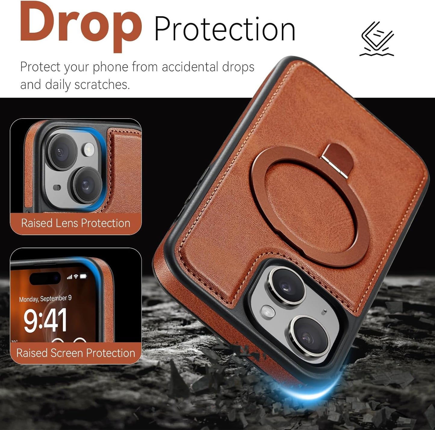 CHEEWADA 15 6.1", for iPhone Case with Stand Compatible with Magsafe Slim PU Leather & Durable TPU Drop Proof Magnetic