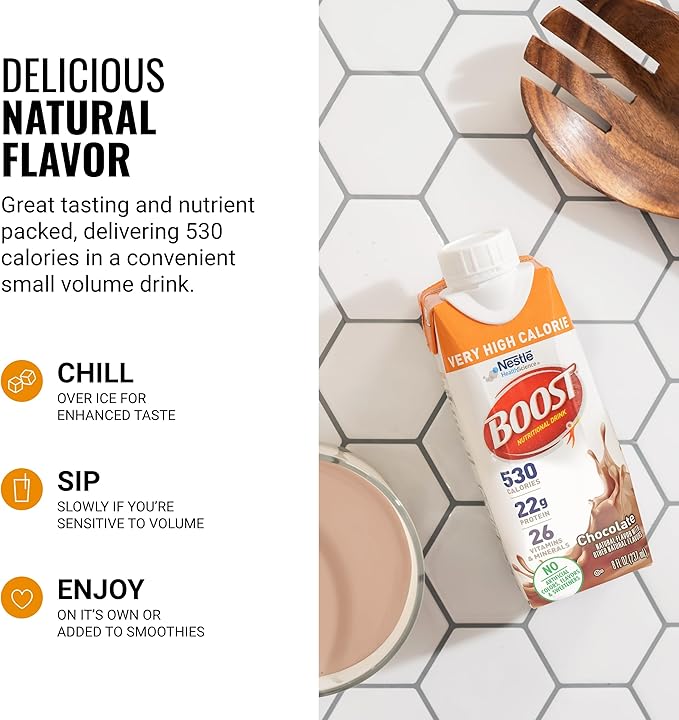 BOOST Very High Calorie Nutritional Drink ??Helps Weight Gain & Maintenance -530 Calories -26 Vitamins & Minerals - 22 g Protein - Variety Pack - Vanilla, Chocolate & Strawberry - 8 fl oz (Pack of 24)