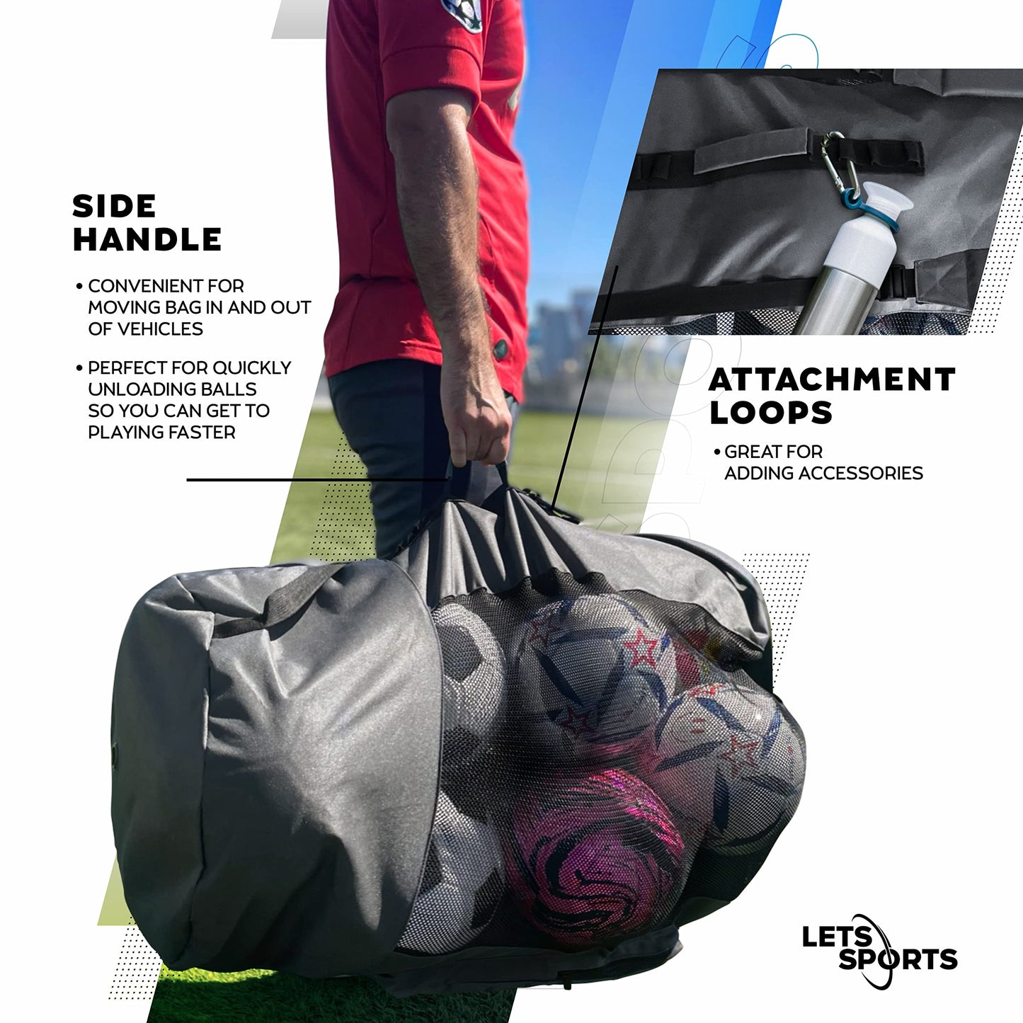 LETS Sports Soccer Ball Bag for Basketball, Volleyball & Football | Large Drawstring Ball Bags Mesh | Heavy-Duty Soccer Ball Bags for Coaches | Equipment Bag w/Shoulder Strap | 37" x 17" - Grey Black