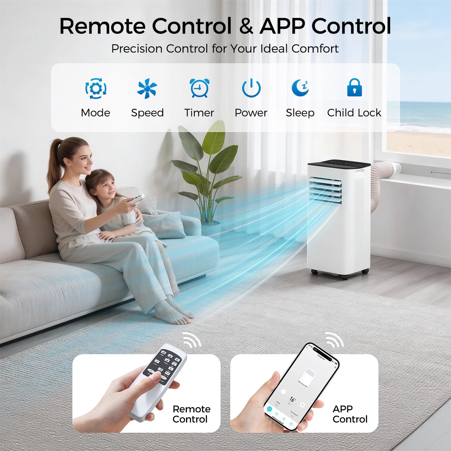 HoneyNov 16000 BTU Portable Air Conditioner for Large Rooms & Bedrooms up to 750 Sq.Ft, Ultra Quiet 40dB Smart WiFi AC, 5-in-1 Cooling with Dehumidifier, Fan, Sleep Mode & Timer