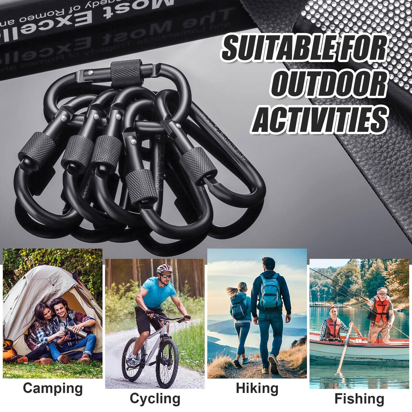 Cridoz Carabiner and Keyring Set, 6 PCS Metal D Ring Carabiner Clips with 6PCS Heavy Duty Key Rings for Keys, Bottles, Backpacks (Black)