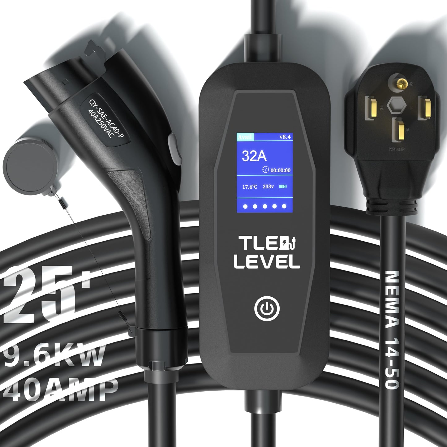 TLE LEVEL Level 2 EV Charger - Portable 40 Amp 9.6kW EV Charger, NEMA 14-50 Plug Electric Vehicle Charging Stations for J1772 Electric Cars, 25' Cable Smart 240V EV Chargers for Home
