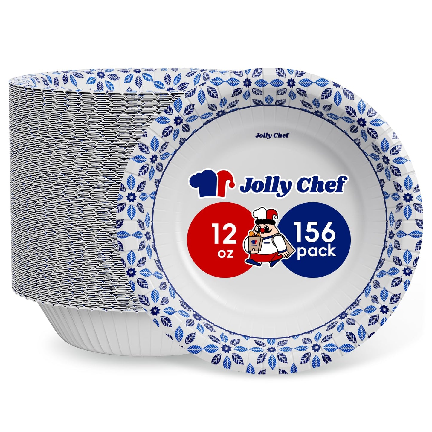 JOLLY CHEF 156 Count Paper Bowls 12 oz Soak Proof, Heavy Duty Printed Disposable Small Bowls Bulk for Dinner or Thanksgiving