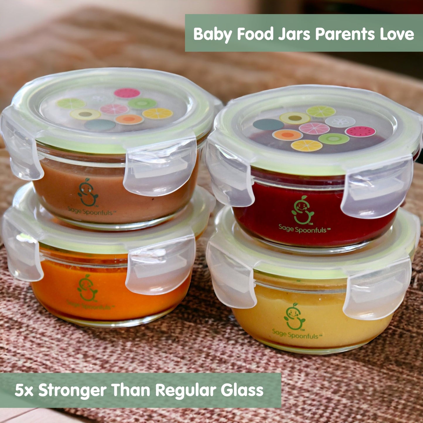 Sage Spoonfuls Glass Baby Food Containers with Lids - 4 Pack, 7 oz Baby Food Jars, Durable, Leakproof & Airtight, Freezer Storage, Reusable Glass Baby Food Containers, Microwave & Dishwasher Safe