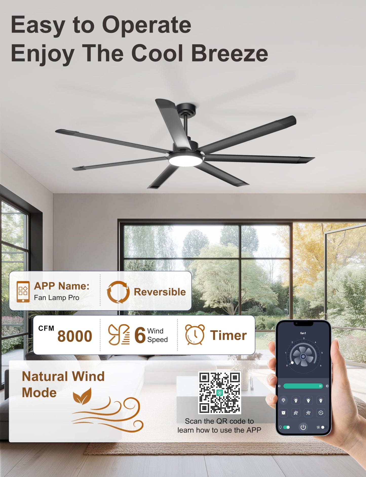 Ohniyou 72'' Large Ceiling Fan with Lights, High CFM Industrial Ceiling Fan with Remote/APP, 7 Aluminum Blades, Dimmable, for Outdoor Patio, Shop, Garage, Black