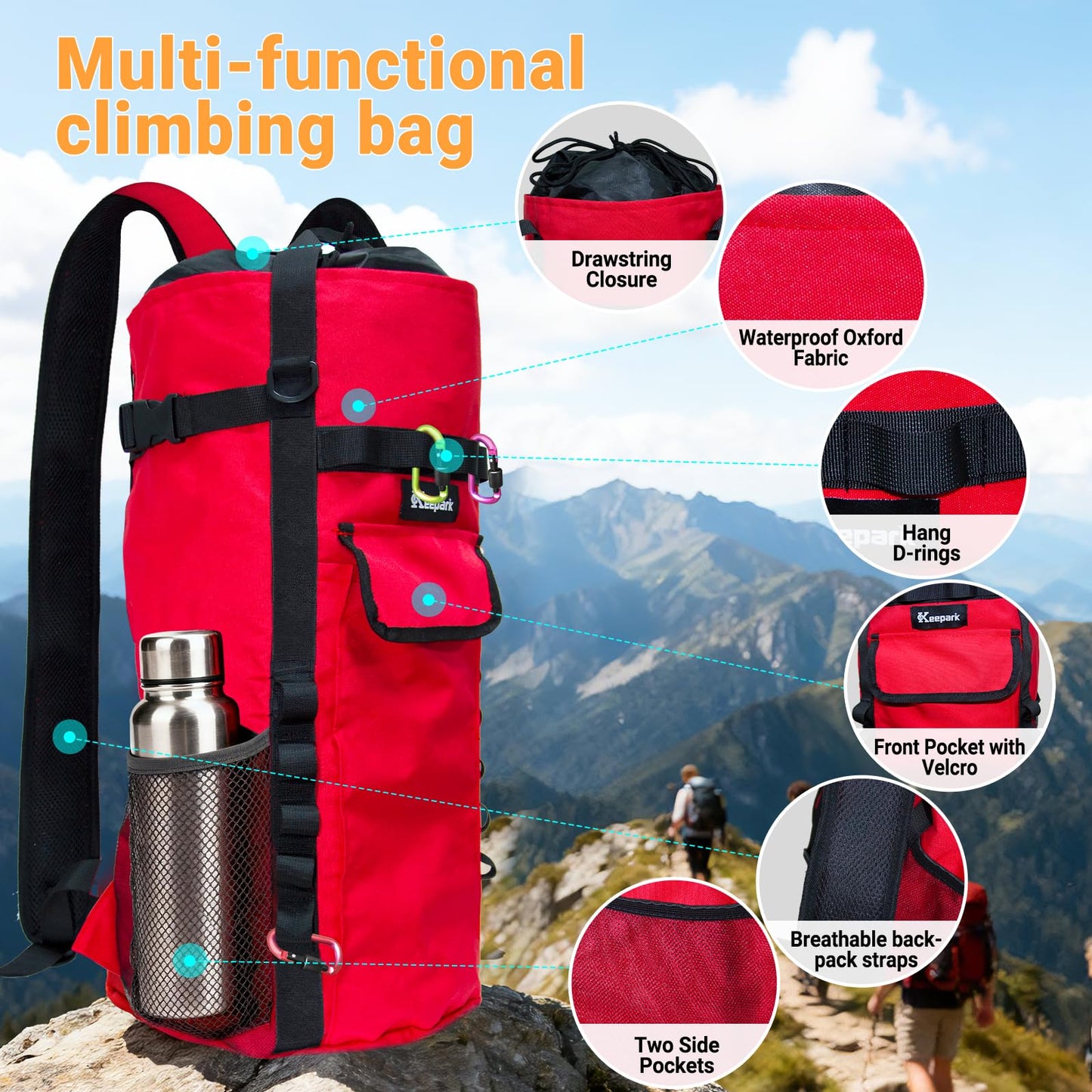 Keepark Rock Climbing Rope Storage Bag - Large Capacity Tree Rope Storage Backpack, Waterproof Oxford Outdoor Climbing Rope Bag With Adjustable Shoulder Straps - Red