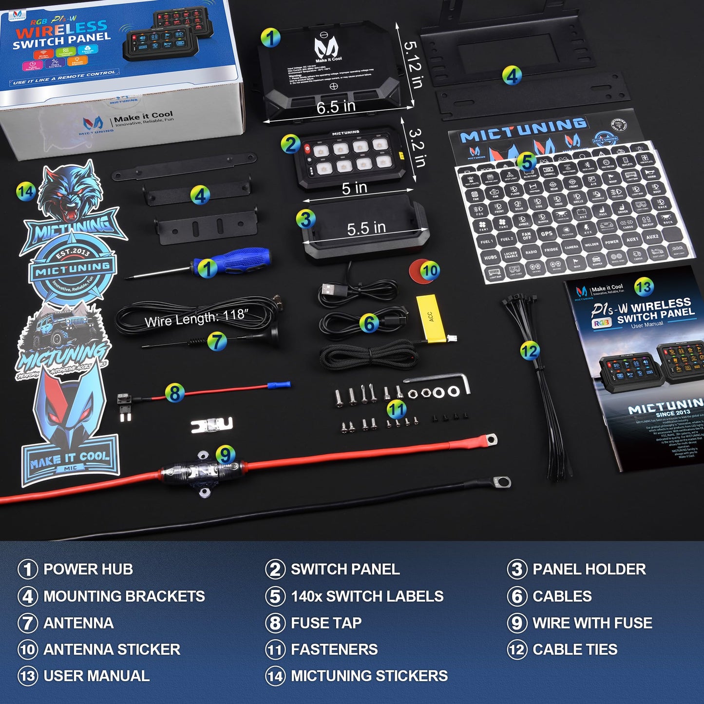 MICTUNING P1s-W 8 Gang RGB Wireless Switch Panel, 328FT 433MHz Remote Range, Up to 4-Panel Sync, Multi-Function Backlit Toggle/Pulsed/Momentary/Strobe Control for Offroad Trucks & Cars, Plug and Play