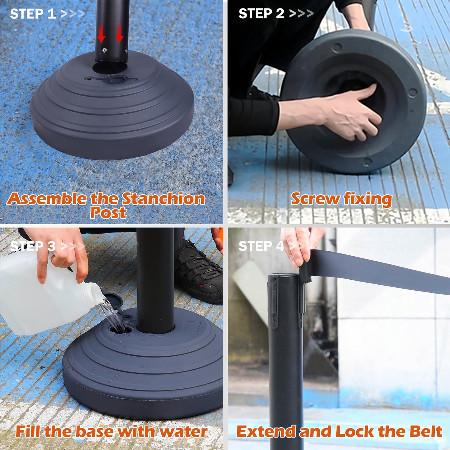 OranclUS 6 Pack Crowd Control Stanchions with 10FT Retractable Belt, Water Filled Base, Black Barrier Posts for Queue Management, Events, and Public Safety