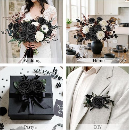 MACTING 30PCS Real Touch Foam Roses - Black Glitter Artificial Flowers for DIY Wedding Bouquets & Home Decor
