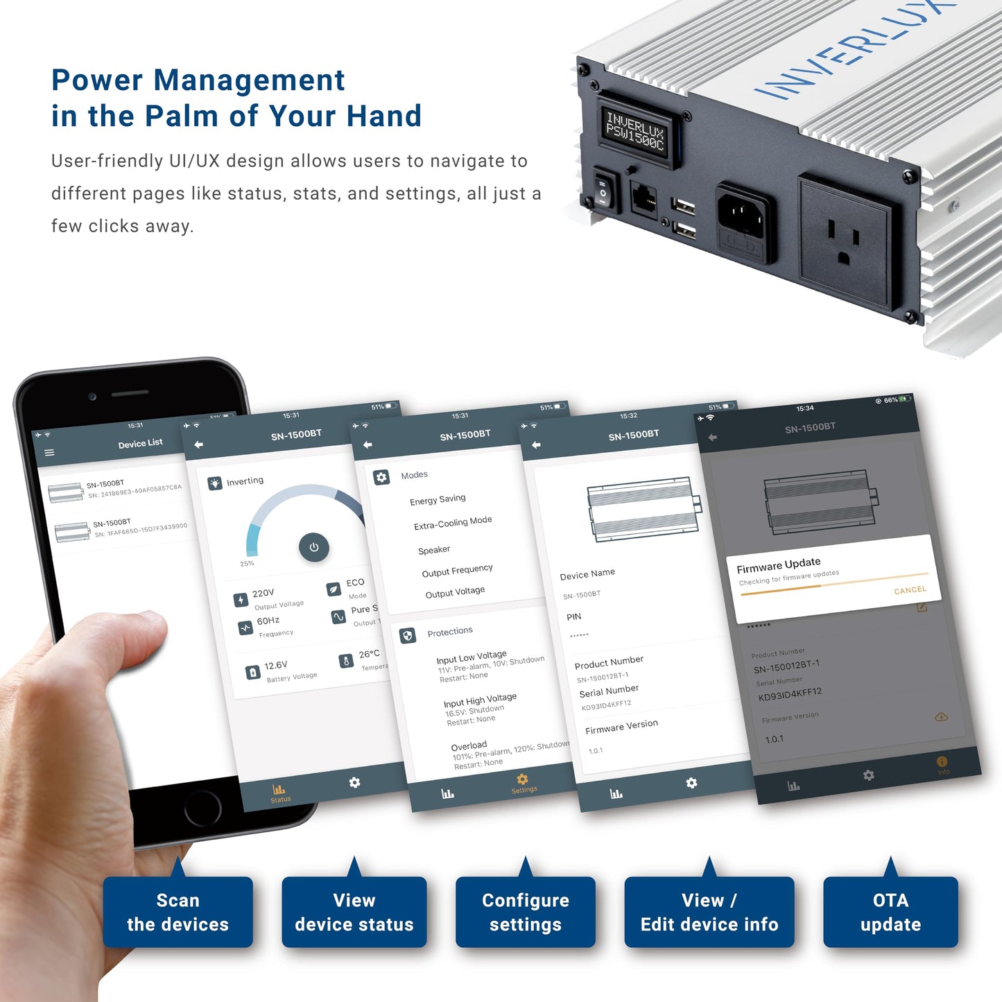 1500W Pure Sine Wave Inverter Charger with App Control, LCD Display & Auto Transfer Switch, Fast QC 3.0 USB, Reliable Backup Power for Home, Solar Systems, Sump Pumps & Emergencies