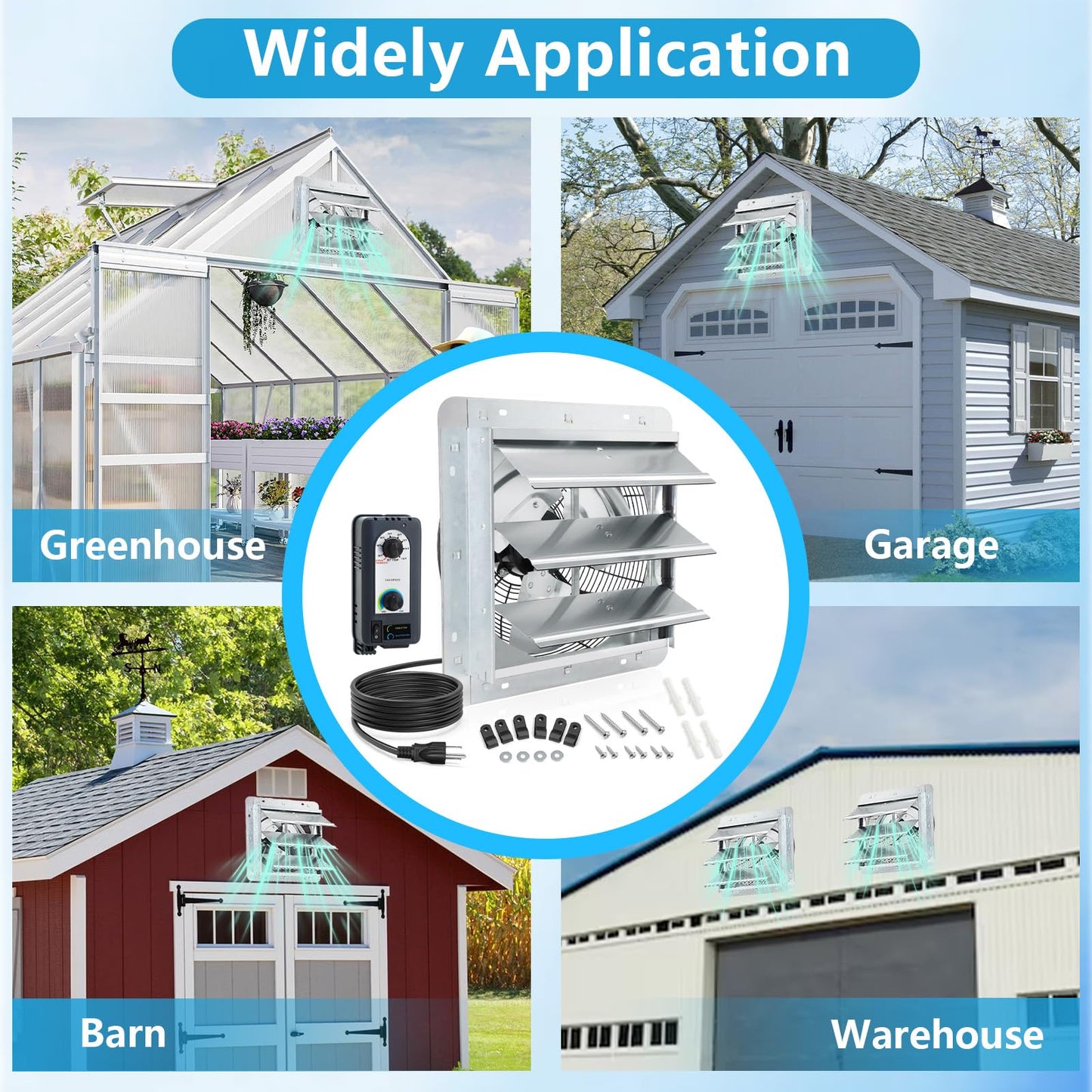 Aibabcue 12 inch Shutter Exhaust Fan with Speed & Thermostat Control, 1400 SQ. Ft Coverage Area, 960 CFM, Upgrade Wall Mount Attic Vent Fan for Greenhouse, Garage, Chicken Coops Ventilation Fans