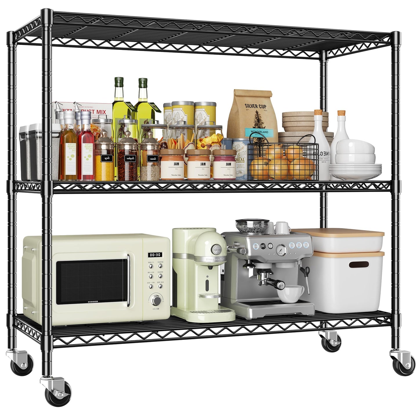 DurayLoly 3 Tier Metal Shelving Unit Adjustable Storage Shelves,Heavy Duty Shelf with Wheels for Kitchen,Office,Bathroom,Easy Assembly Wire Shelving for Laundry,Garage,45" W x 17.7" D x 41" H,Black.