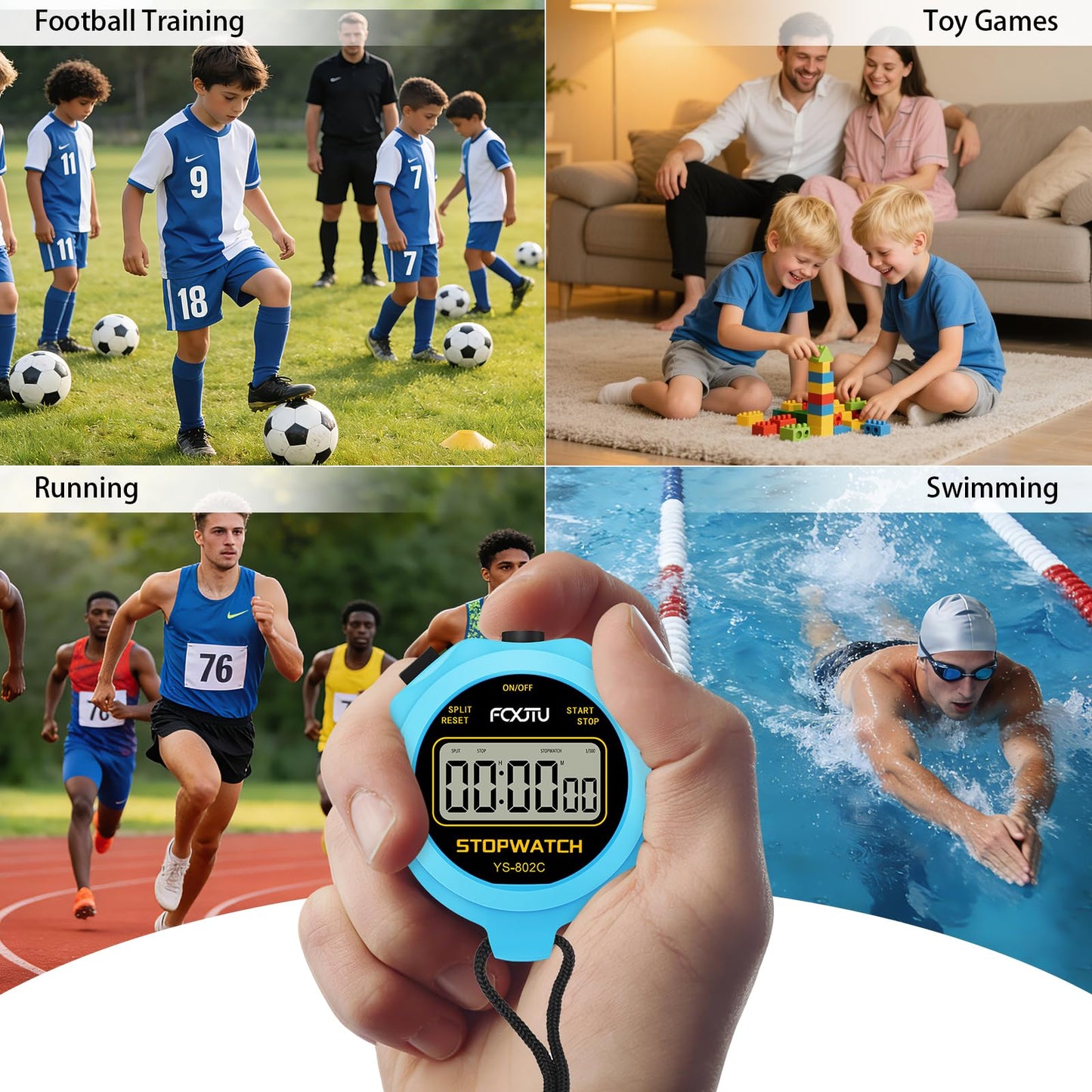 FCXJTU Digital Simple Stopwatch Timer, No Bells, No Alarm, Simple Basic Operation, Silent, Clear Display, ON/Off, Large Display for Running Training Sports Kids Coaches Referees Teachers
