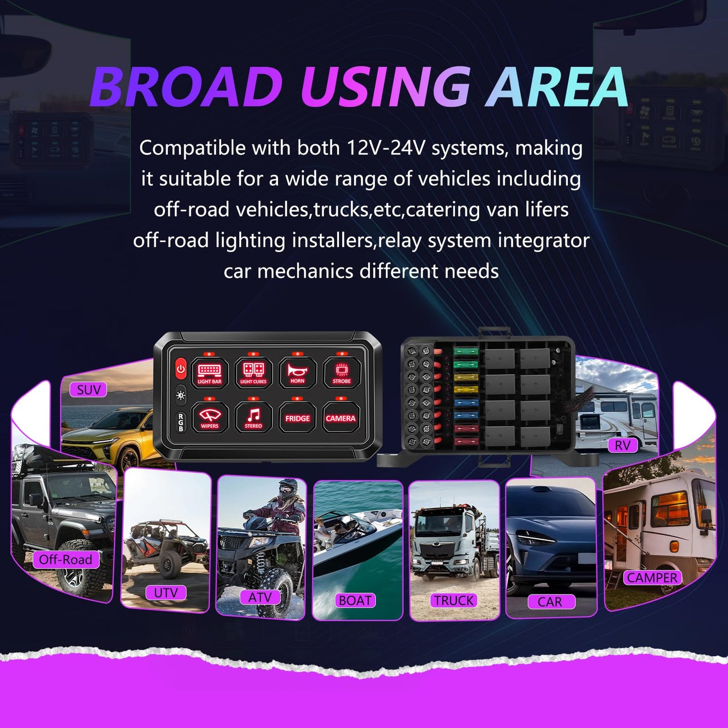 Chelhead 8 Gang RGB Switch Panel 12V Switch Toggle Momentary Pulsed 8 Circuit Control Relay Waterproof Compatible with Bus Car UTV ATV SUV Jeep Golf Cart Off-Road