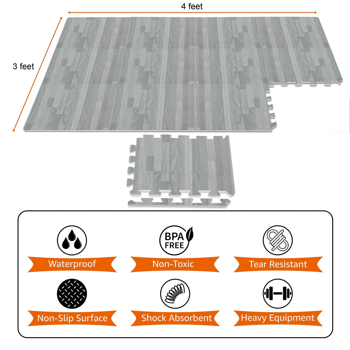 Sorbus Wood Floor Mats Foam Interlocking Mats Each Tile 1 Square Foot 3/8-Inch Thick Puzzle Wood Tiles with Borders – for Home Office Playroom Basement (16 Tiles 16 Sq ft, Wood Grain - Gray)