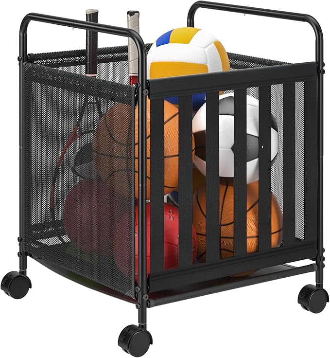 Ball Storage Bin Rolling Storage,Garage Sports Equipment Organizer,Outdoor Toy Box, Gym and Schools, Garage Organization,Can Store basketballs, Footballs and Sports Equipment.(Black)