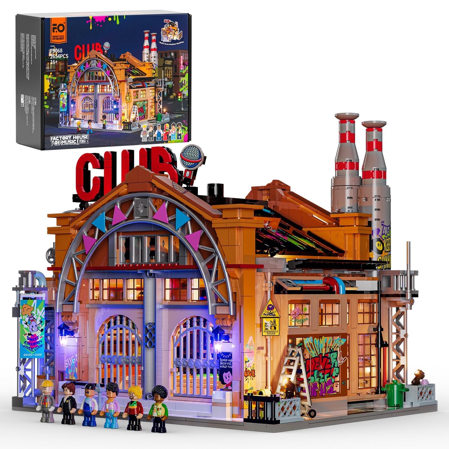 FUNWHOLE Factory House of Music Lighting Building Bricks Set - Street Fusion Music Club City Town Fully Accessible Multi-Form Modular Collection Kit 2654 Pcs for Adults & Teens & Street Culture Lovers