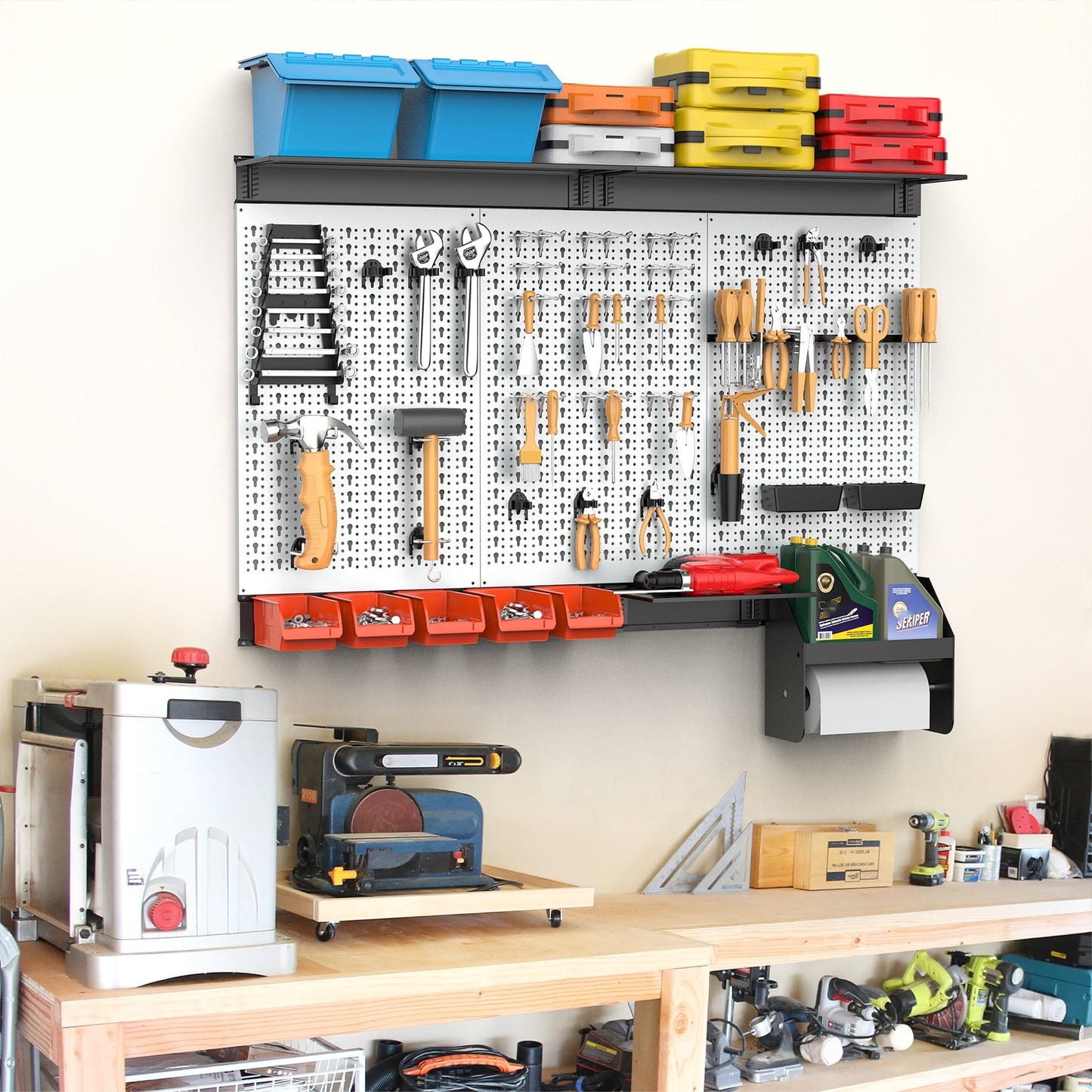 TORACK Pegboard Wall Organizer 4 ft. Garage Metal Pegboard Tool Organizer System, Tools Storage Peg Board Kit with Hooks and Accessories, Wall Mounted Storage Bins, Overhead Shelves