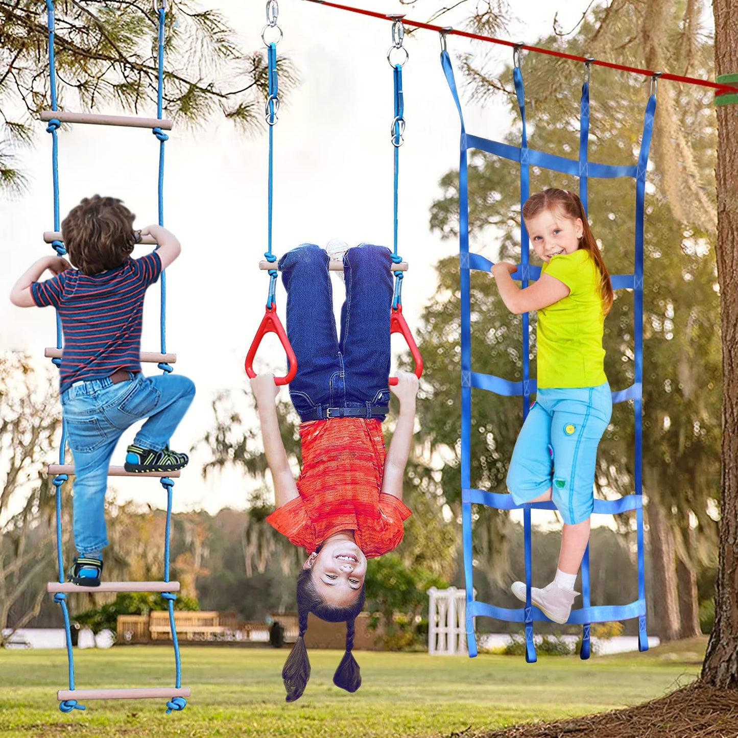 Dripex 65FT Ninja Warrior Obstacle Course for Kids - Double Longest Slacklines with 10 Most Complete Accessories for Kids, Swing, Trapeze Swing, Rope Ladder, Obstacle Net Plus 1.2M Arm Trainer