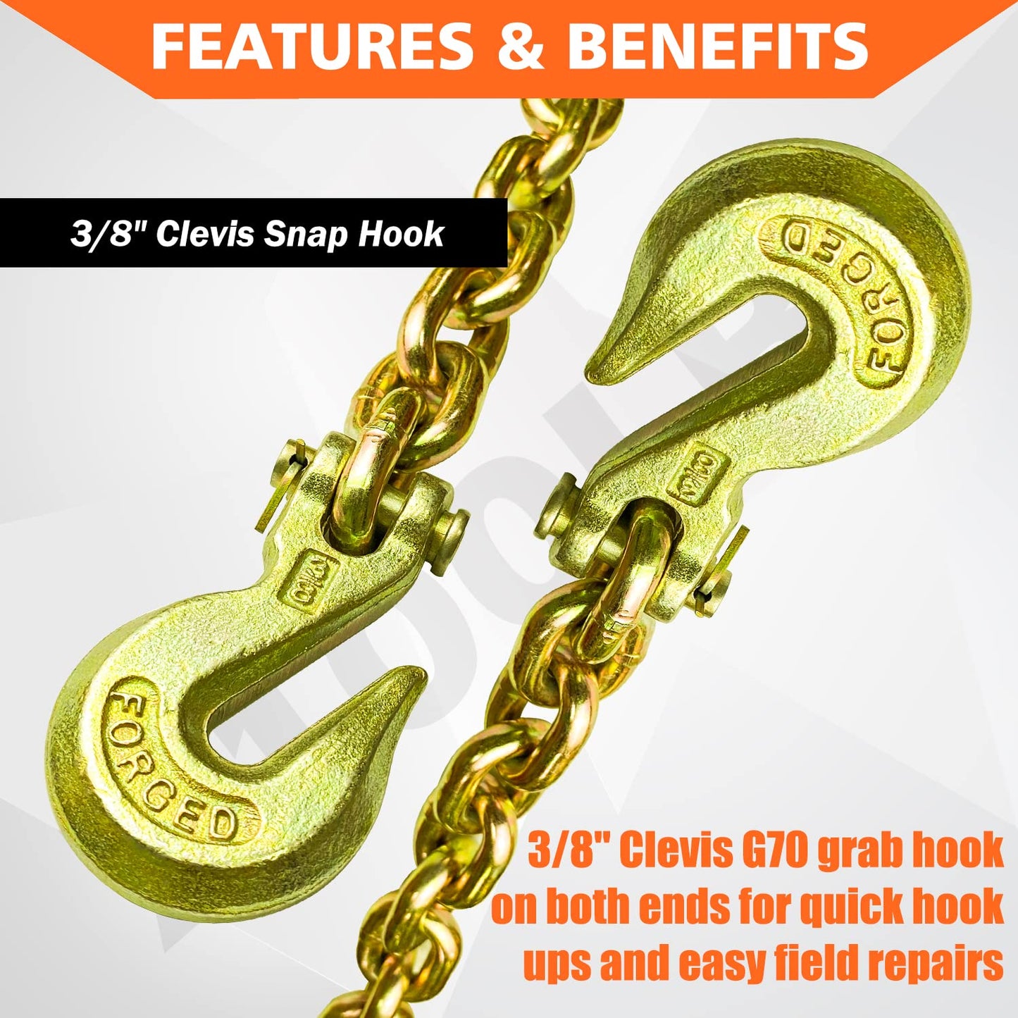YATOINTO G80 Transport Binder Chain 3/8 Inch x 25 Foot Safety/Binder Chain with Clevis Grab Hooks 7,100 lbs Safe Working Load Logging Chain for Transporting Towing Tie Down Binding Equipment