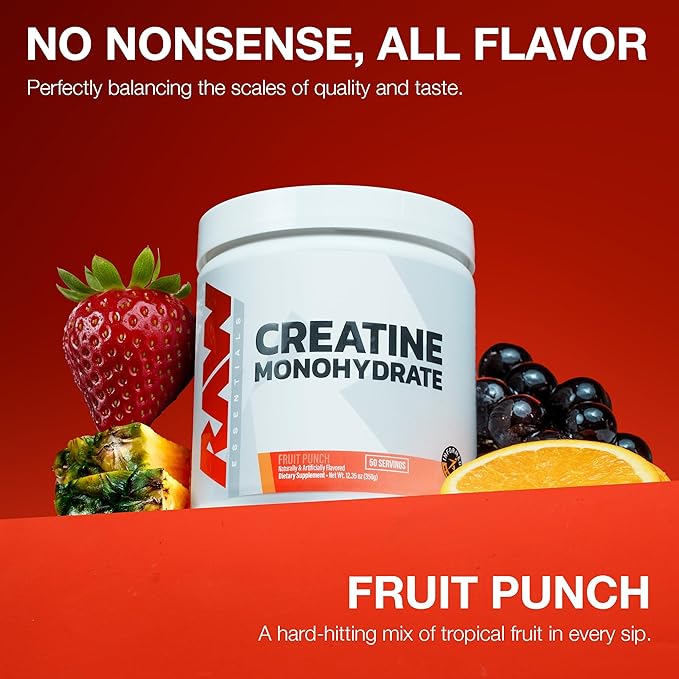 RAW Nutrition Creatine Monohydrate Powder, Fruit Punch (30 Servings) - Micronized Creatine Monohydrate Supplement for Workout Performance, Build Muscle & Strength - Creatine Powder for Men & Women
