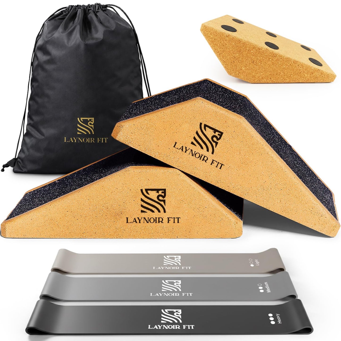 LAYNOIR Fit Anti-Slip Squat Wedge Block (2-Pack) – Heel Elevated Squats, 20° & 40° Cork Wedges for Weightlifting, Mobility & Knee Support – Includes Resistance Bands & Carry Bag