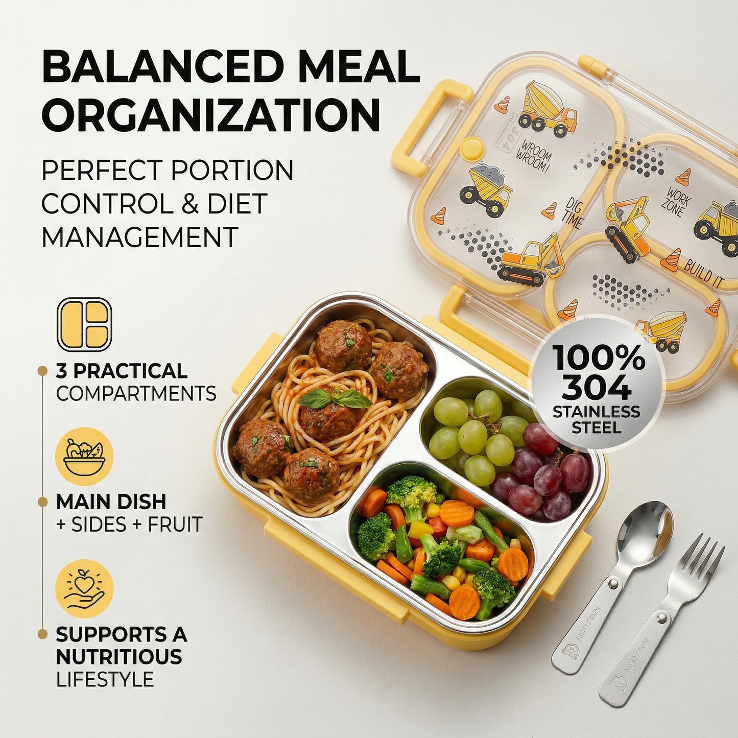 WORTHBUY Microwavable 304 Stainless Steel Bento Box With Utensils, Metal Lunch Container With 3 Compartments, Leak Proof Lunch Box, Portable Concealed Handle, BPA Free, Dishwasher Safe [Car]