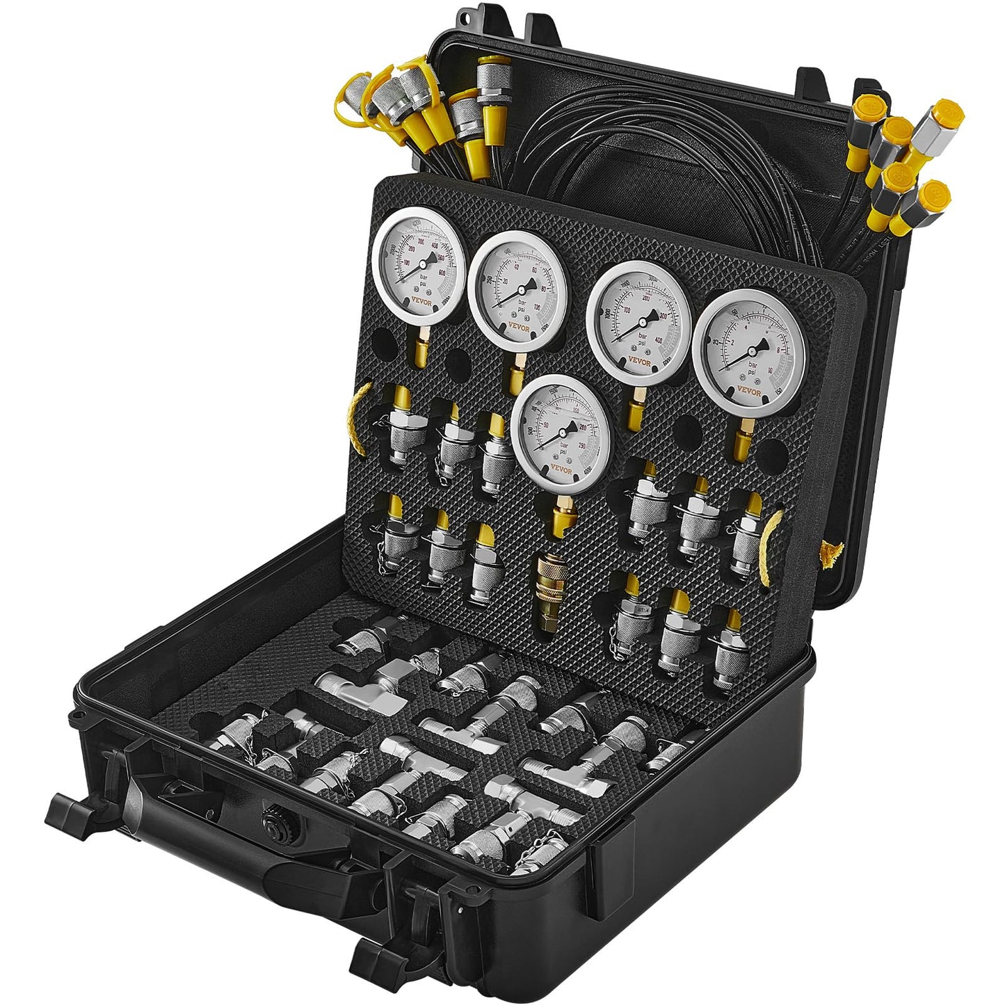 VEVOR Hydraulic Pressure Test Kit, 10/100/250/400/600bar, 5 Gauges 13 Test Couplings 14 Tee Connectors 5 Test Hoses, Hydraulic Gauge Kit with Sturdy Carrying Case, for Excavator Construction Machinery