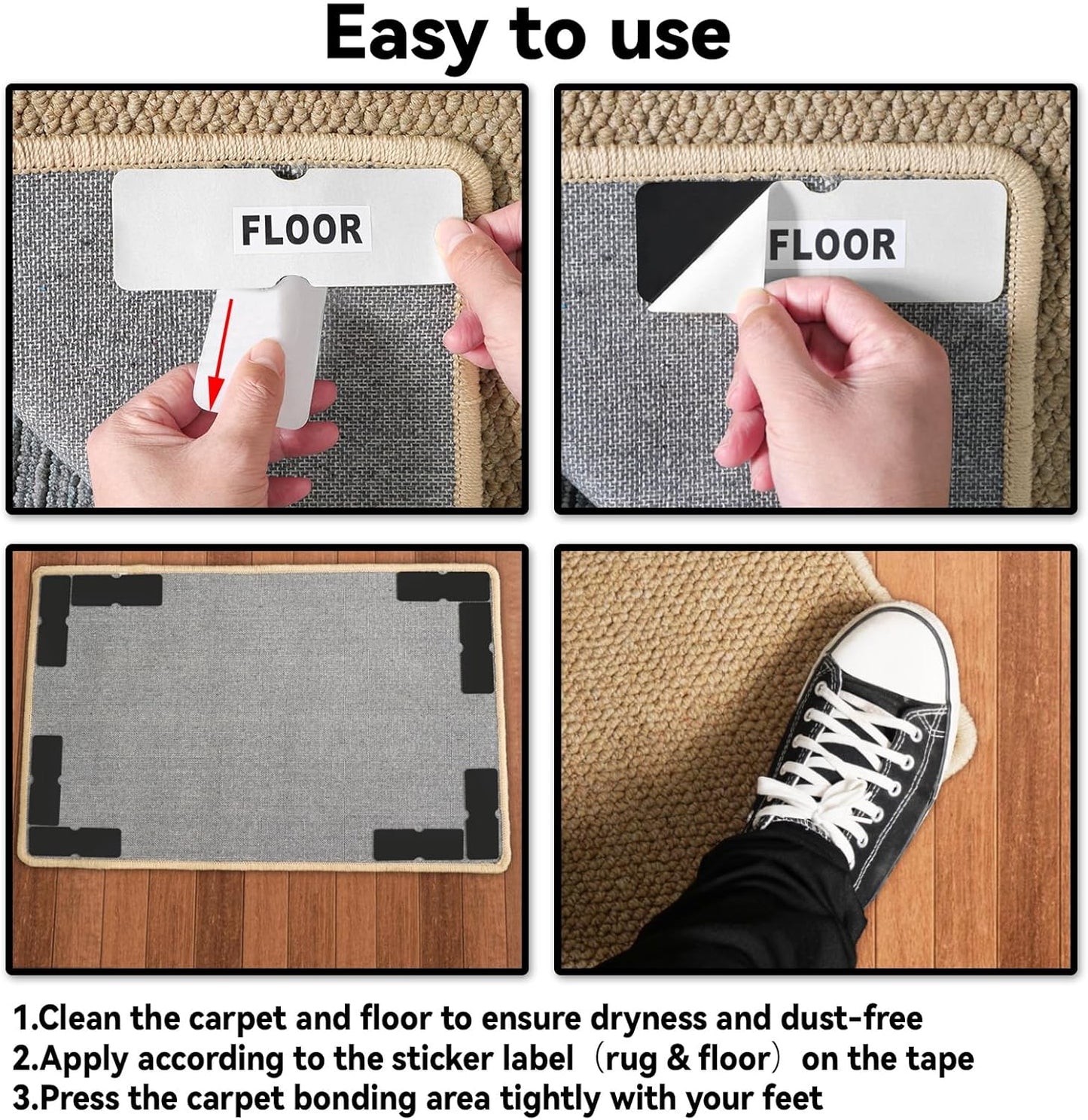 Skiennix Non-Slip Rug Grippers - Reusable Carpet Tape for Hardwood Floors | 12 Durable Pads