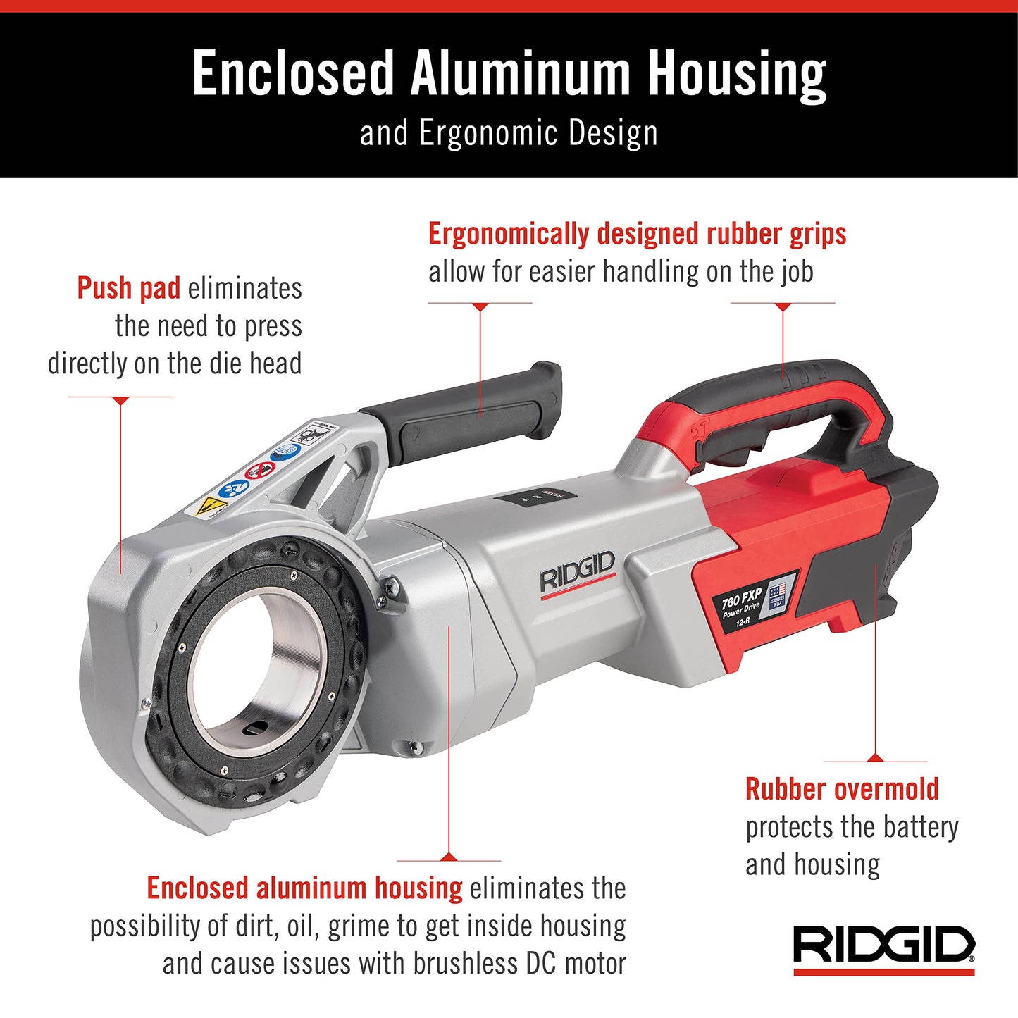 RIDGID 760 FXP Cordless Power Drive with 12-R Tool, Support Arm, and Case, Battery-Powered Pipe Threading Machine