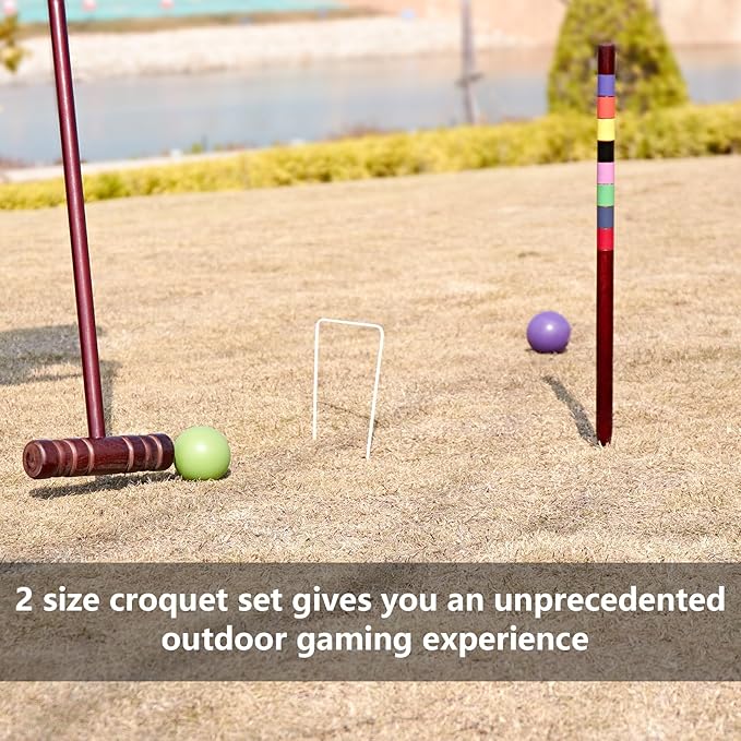 Croquet Set for Adults - 8 Players Croquette Kit with 35In Deluxe, 32In Regulation Size Rubber Wood Mallets, Colored PE Ball, Wickets, 24In End Stakes, Lawn Backyard Game for Families