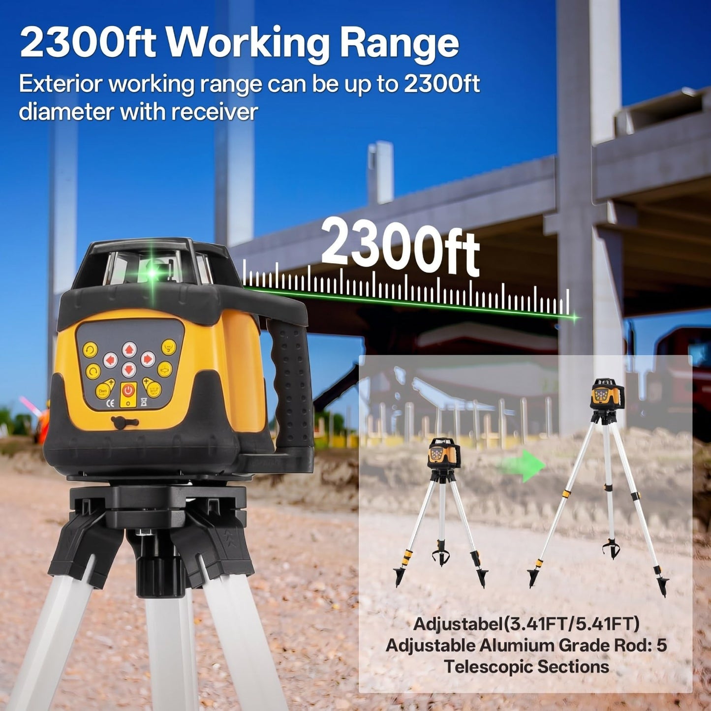 Self-Leveling Green Rotary Laser Level Kit, 2300ft Range with Receiver, ±1/10" Accuracy at 100ft, Class II ≤ 5 mW Laser, IP66 Waterproof, Includes Tripod, Grade Rod & Carrying Case
