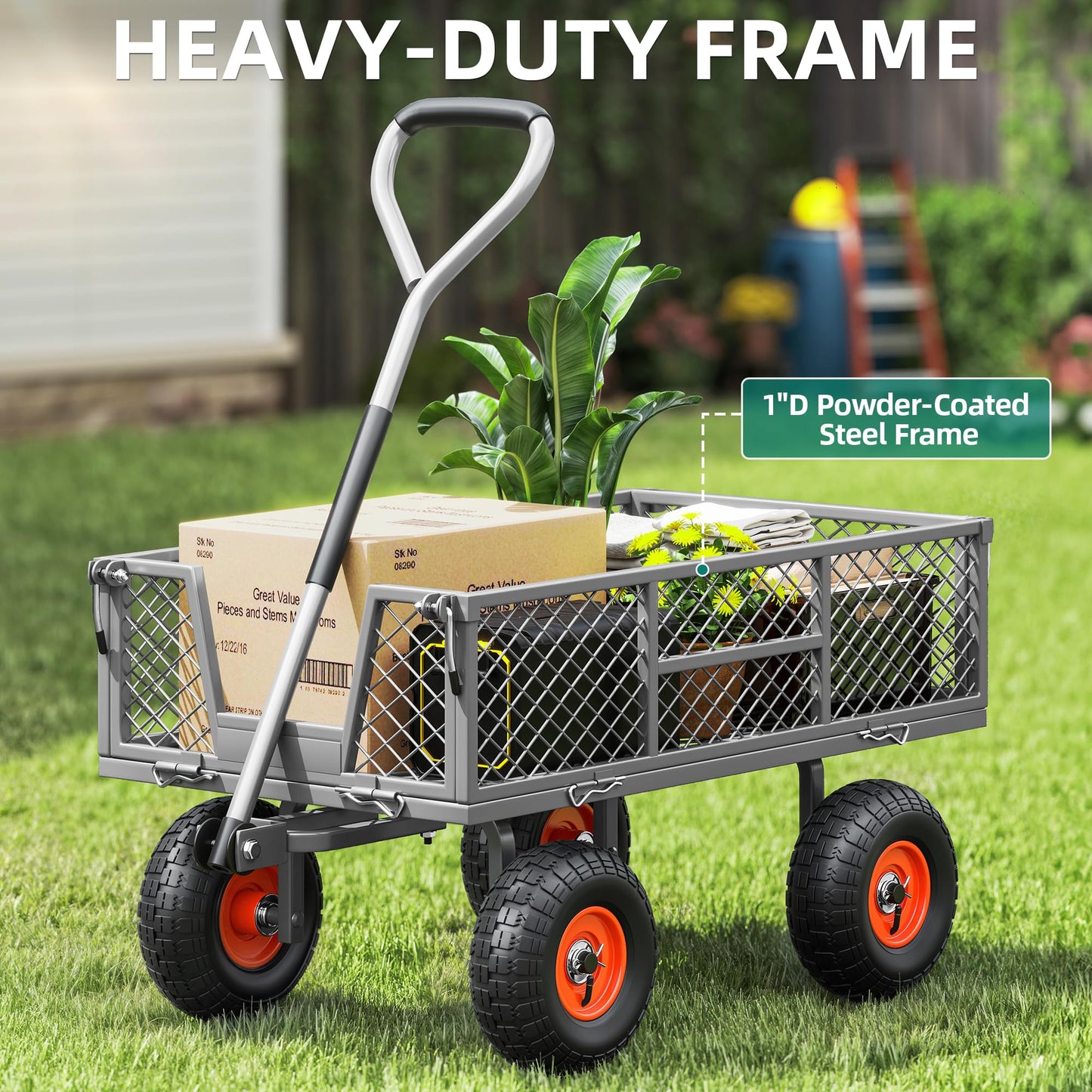 Autodaya Heavy Duty 900 lbs Capacity Garden Cart Wagon with 10" Pneumatic Tires & Removable Mesh Sides - 180° Rotating Handle, 4 Cu.Ft Utility Wagon for Yard, Garden, Hauling, All Terrain Outdoor Use