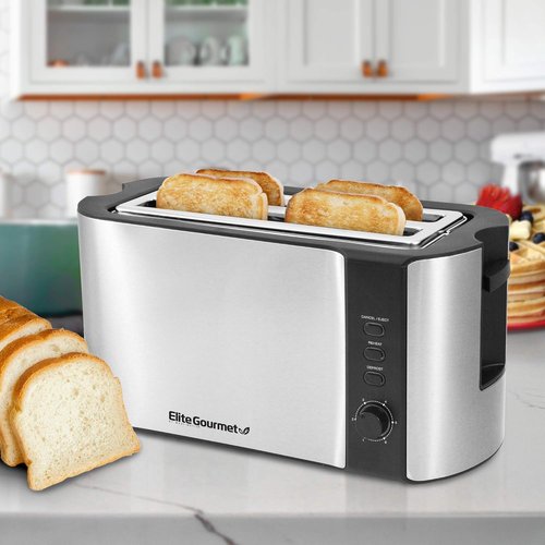 Elite Gourmet ECT-3100 4-Slice Long Slot Toaster - Extra Wide Slots for Bagels & Texas Toast - Stainless Steel Finish