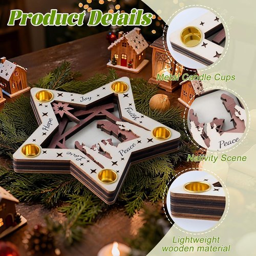 Advent Wreath Candle Holder - Wooden Nativity Scene with 5-Hole Star Design | Perfect Christian Table Centerpiece