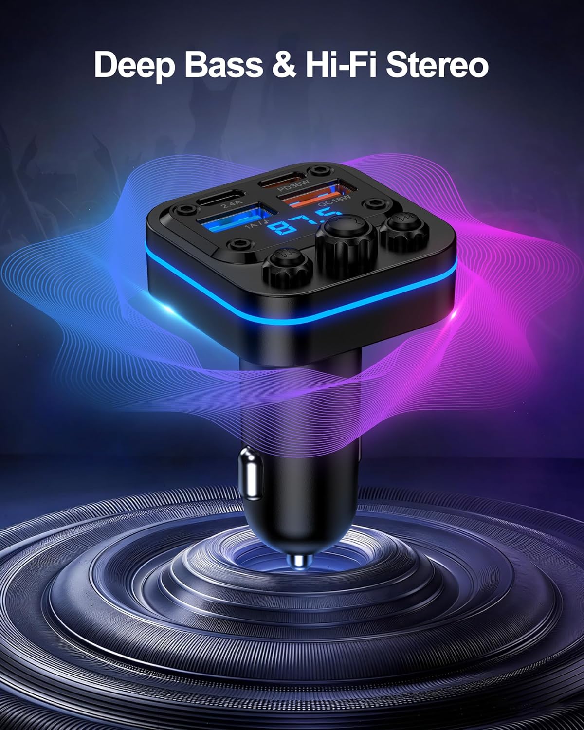 AILKIN 54w 5.4 Bluetooth Fm Transmitter for Car, Fast Charging, Blue Tooth Car Charger USB-C USB-A Multi Ports